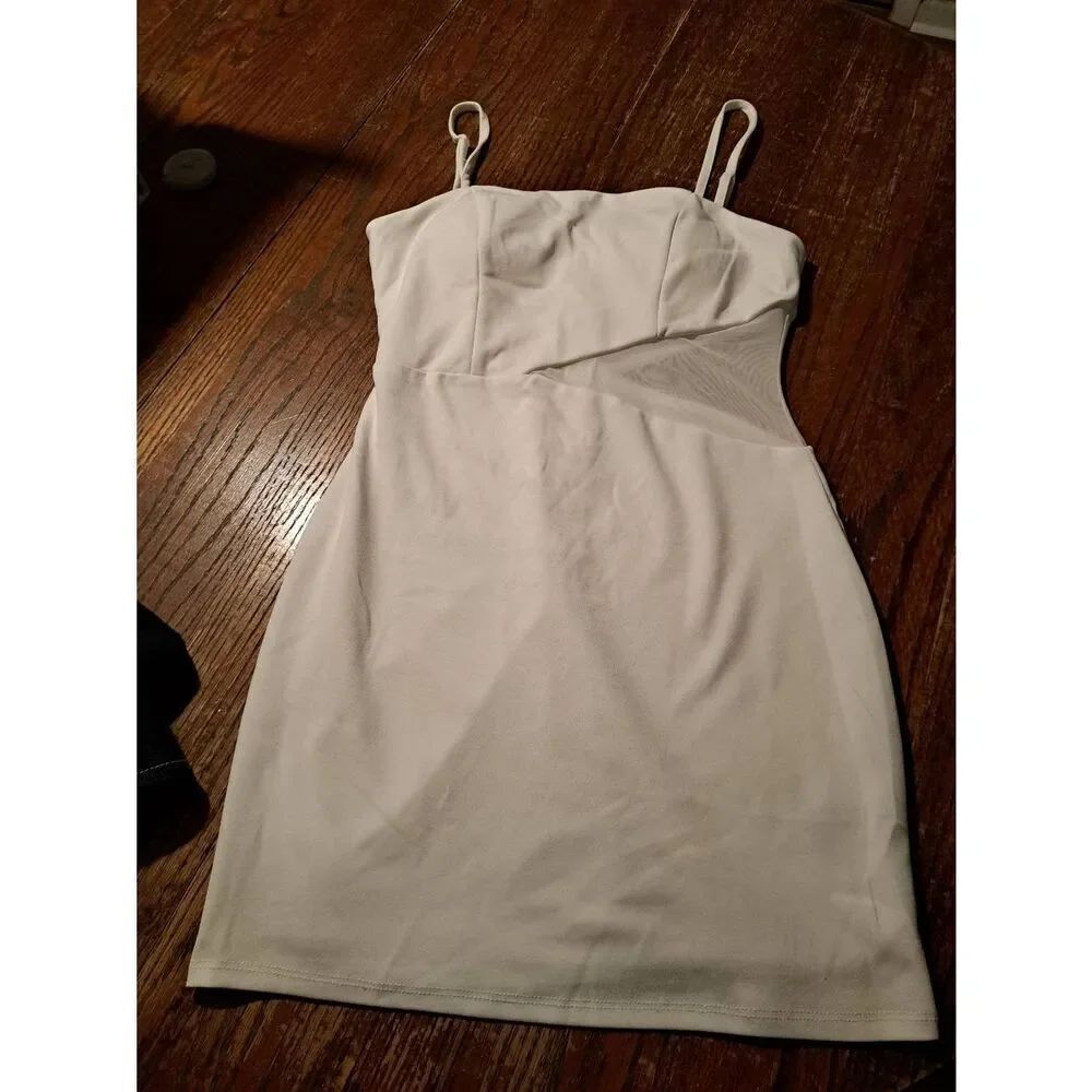 Women's Large Off-White Adjustable Strap Rear Zip Mesh Bodycon Sexy Mini Dress
